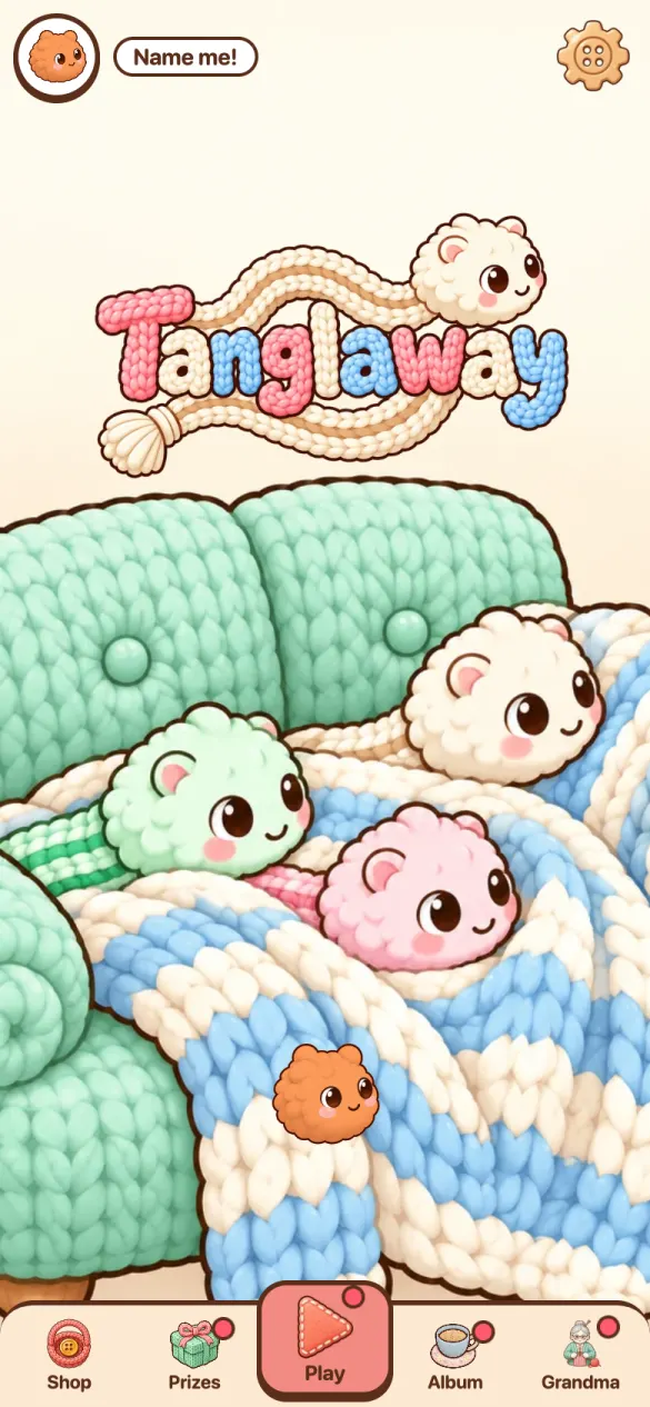 Start screen: the Tanglaway title in knitted letters above four smiling Tanglings resting on a green knitted sofa.